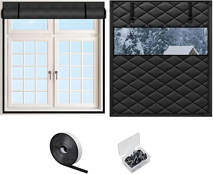 Thermal Window Cover for Wintern, Window Insulation Kit Blackout Oxford Curtain, Thicken Warm Waterproof Attic Insulation Blanket, Draft Blocker in Home RV 38 39 47 57 62 63in(Blacks,79x102in)
