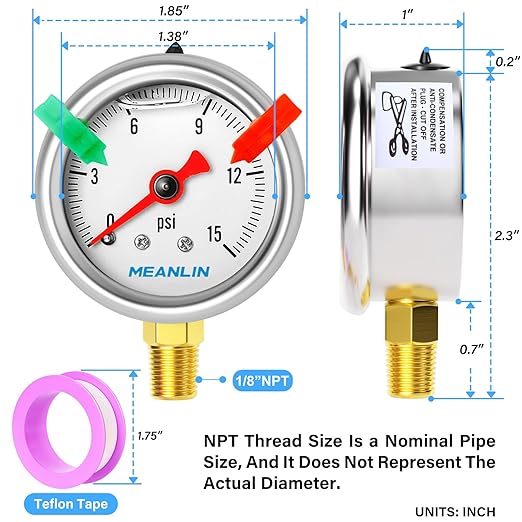 MEANLIN MEASURE 0~15Psi Pressure Gauge, Glycerin Filled 1/8" NPT 1.5" FACE DIAL, Stainless Steel Liquid Filled Pressure Gauge WOG Water Oil Air Lower Mount (with 2PCS Snaps)