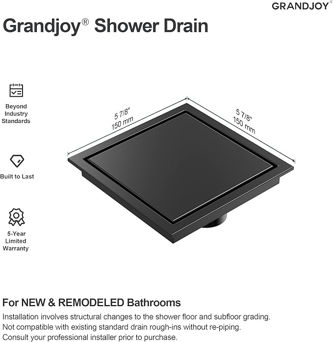 6 Inch Square Shower Floor Drain, Matte Black SUS304 Stainless Steel Grid Grate with X-Shaped High Flow Channel, Anti-Clogging Hair Strainer, Standard 2" Outlet