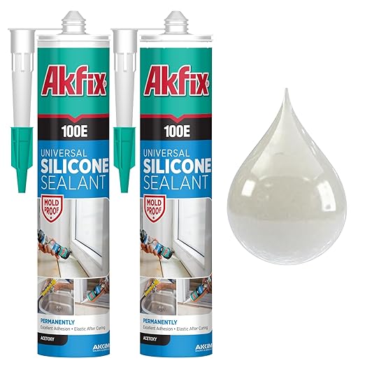 Akfix 100E RTV Silicone Caulk Clear (2x10.1 fl.oz.) - 100% Silicone Sealant Waterproof for Kitchen and Bathroom, Shower, Toilet, Sink, Window and Door, No Discoloring | Clear, 2 Pack