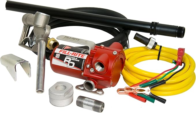 Fill-Rite RD812NP 12V 8 GPM Portable Fuel Transfer Pump w/Discharge Hose, Manual Nozzle, Power Cable/Clips, & Suction Pipe