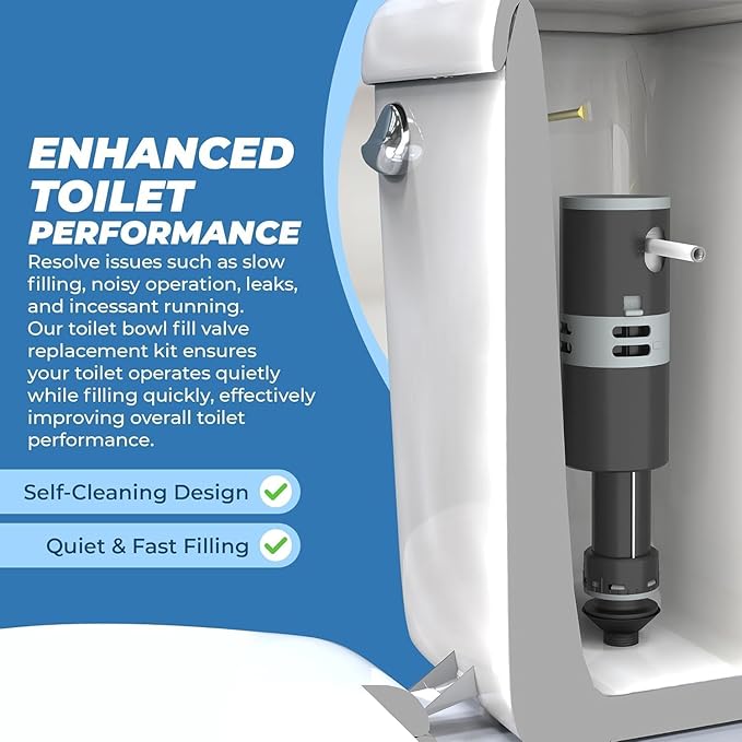 High Performance Universal Toilet Fill Valve Replacement Kit - Quiet and Fast Fill, Super Easy to Install (2-Pack)
