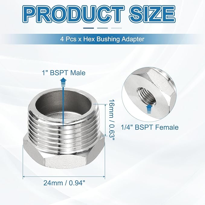 PATIKIL 304 Stainless Steel Reducer Hex Bushing 4 Pcs, 1" BSPT Male to 1/4" BSPT Female Pipe Reducing Adapter Fitting Connector for Water Gas Hydraulic Pipes Shower Hose, Silver