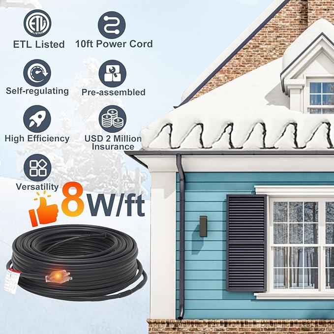 HEATIT 8JHSF1 18ft Roof and Gutters Heating Cable for Heat Tracing and Ice Dam Prevention, Roof Snow Melting De-icing with 10ft Lighted Plug, Heat Tape for Pipes, ETL Listed 8W/ft 120V
