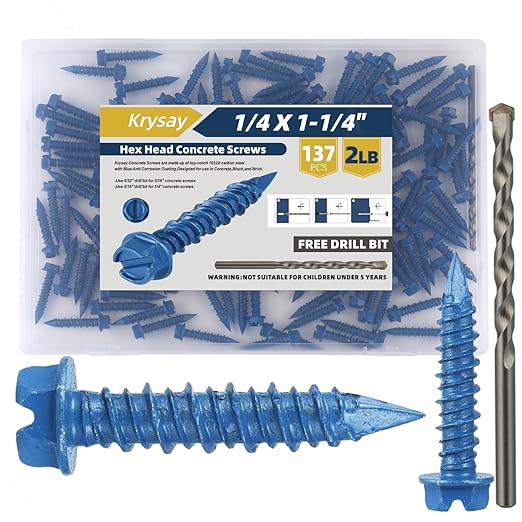 137Pcs 1/4 x 1-1/4 in Concrete Screws with Drill bits,Masonry Screws for Concrete Assortment Kit,Hex Head Block Cement Stacoo Screws and Anchors,Diamond Point,Blue Coated(2LB)