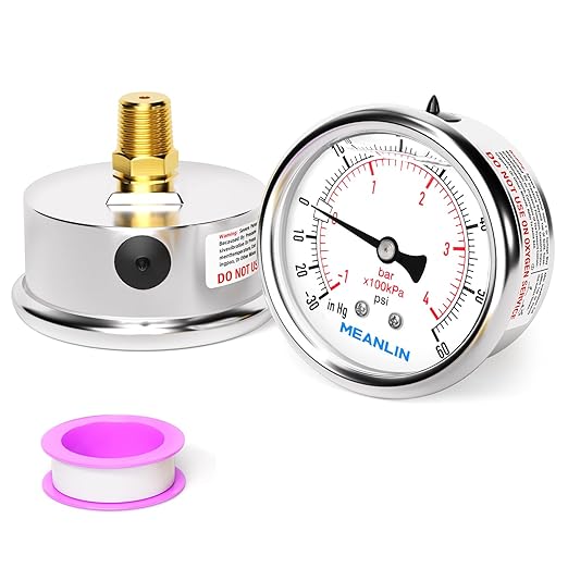 MEANLIN MEASURE -30inHG~60Psi Vacuum Pressure Gauge 1/4" NPT 2.5" FACE DIAL, Stainless Steel Liquid Filled Pressure Gauge WOG Water Oil Air Center Back Mount