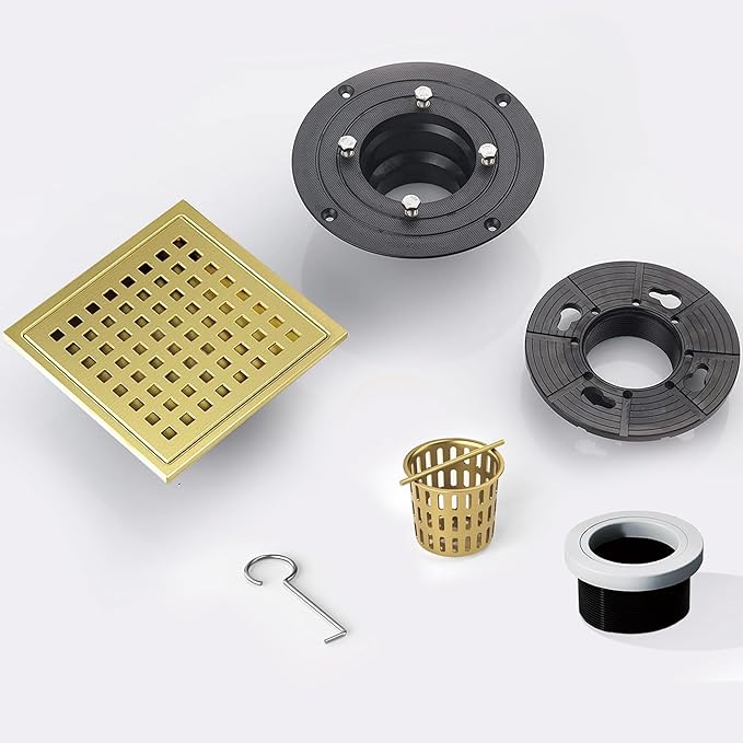 4 Inch Square Shower Floor Drain, Shower Drain Kit with Flange, Square Shower Drain, SUS 304 Stainless Steel Floor Drain,Golden