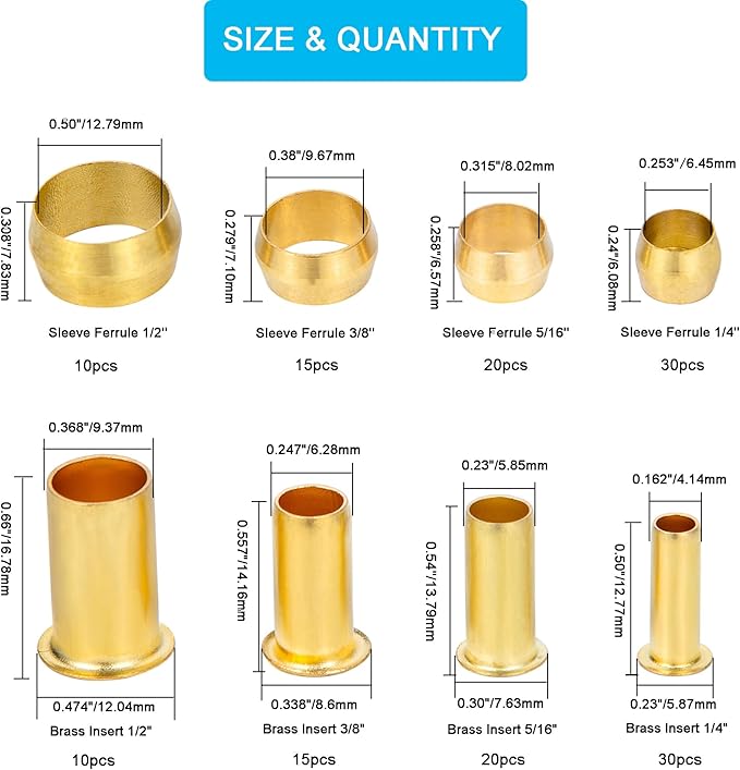 150PCS Tube OD（1/4" 5/16" 3/8" 1/2") Brass Compression Sleeves Ferrules & Insert,4 Sizes Brass Compression Fitting Assortment Kit