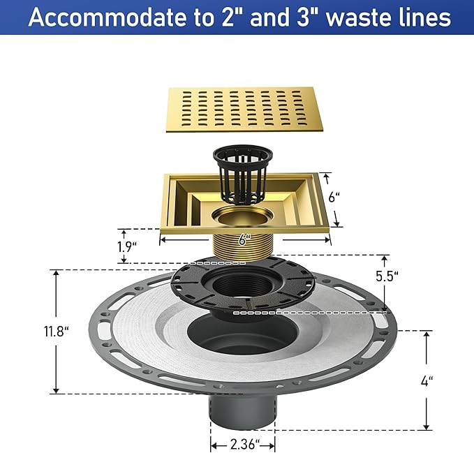 Square Shower Drain 6" Polished Gold with PVC Bonding Flange Base 304 Stainless Steel Drain Grate Removable with Stainless Drain Key for Low Profile Shower Tiles