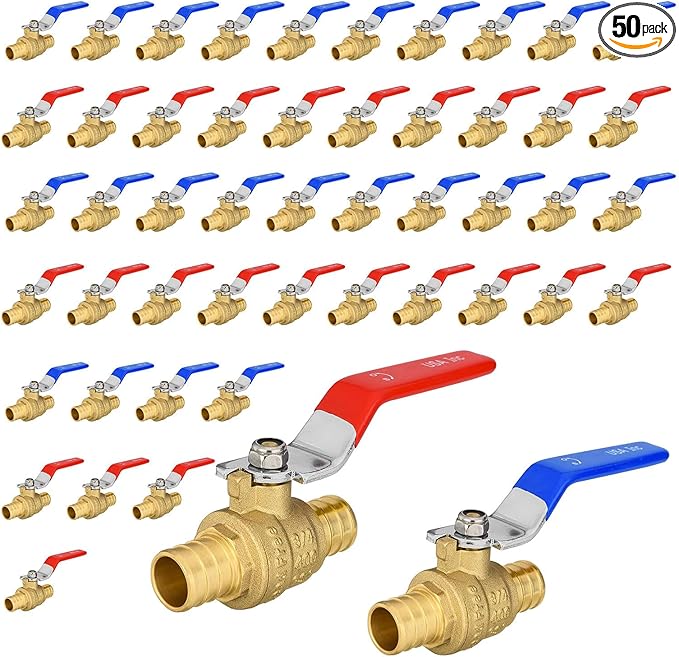 50 Pack Ball Valves, 3/4" Pex Crimp Shut Off Valve, Brass Full Port Pex B Shut Off Ball Valve for Hot and Cold Water, NSF/ANSI 61 Certified