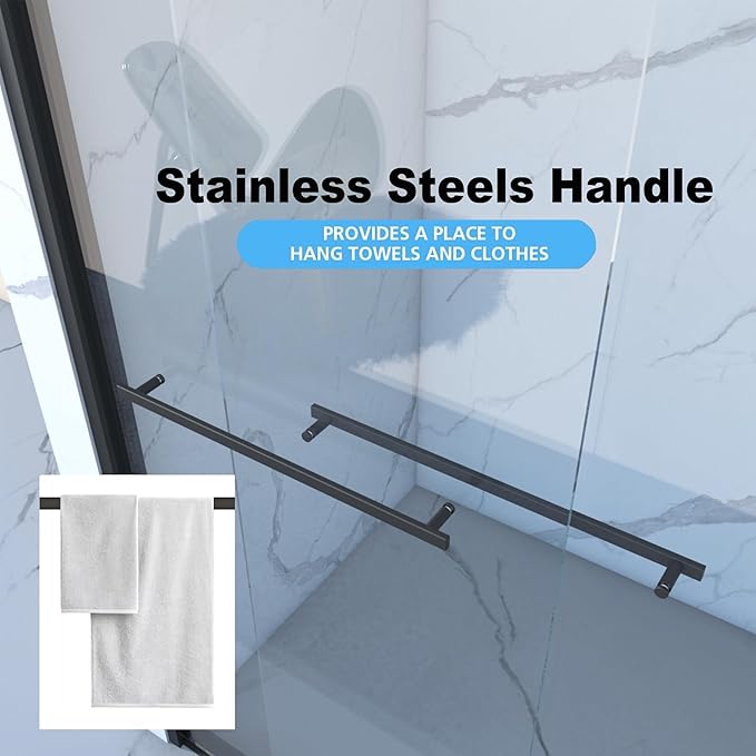 KEIKI Double Sliding Shower Door 56"-60" W x 70" H, 5/16 inch Tempered Glass Door for Walk-in Shower,Bypasss Bathroom Shower Enclosure, with Towel Bar & Mute Sliding Rollers,Matte Black Finished