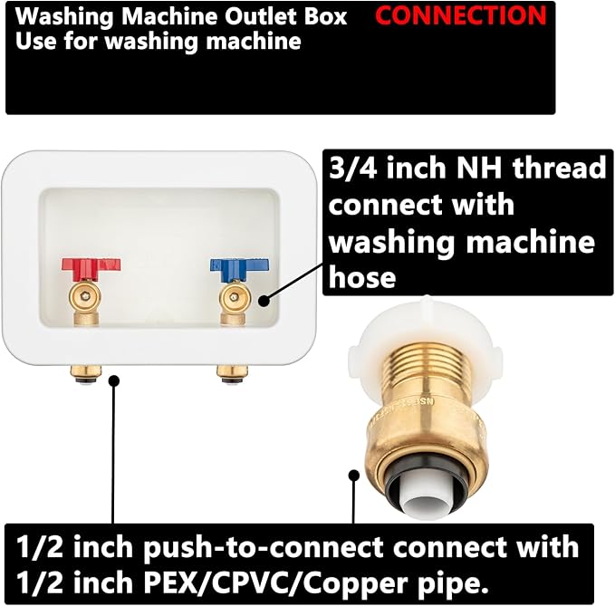 (1 Pack) Lidertik Washing Machine Outlet Box Push to Connect with Center Drain, Inlet 1/2 inch Push to Connect x Outlet 3/4 inch Male Thread LI-XYJH-550-LK