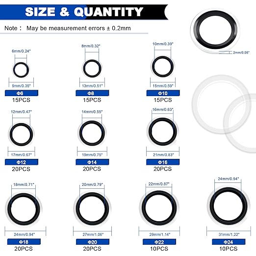 165PCS Bonded Sealing Washers, NBR Metric Zinc-Plated Steel Self-Centred Sealing Rubber Washers, Automotive Seal Gasket Crush O-Ring Assortment Kit Set M6 to M24