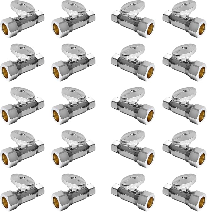 20-PCs HeSun Straight Stop Valve, 1/2" Nominal (5/8"OD) Compression x 3/8" OD Compression, 1/4 Turn Shut Off Valve for Bathroom, Chrome Plated Brass(VALVE122-20)