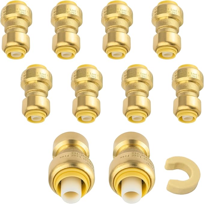 (Pack of 10) Niikappu 1/2" x 3/8" Reducing Coupling Brass Fittings, Push-to-Connect Plumbing Fitting for Pex, Copper, CPVC, Includes Removal Clip
