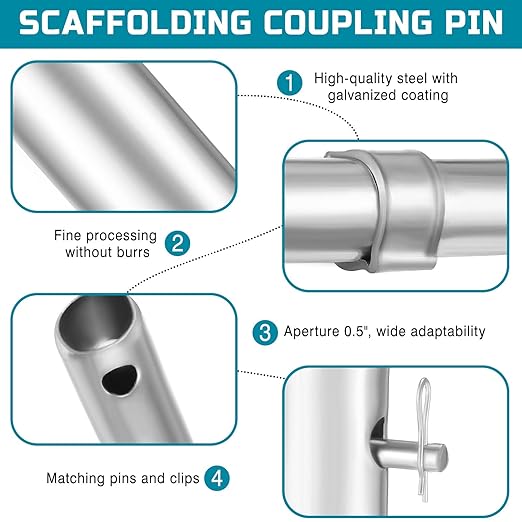 24 Pack Scaffolding Coupling Pin 9"L Heavy Duty Scaffolding Coupling Pin with 1" Collar and 48 Spring Retainers Locking Pins Scaffold Connecting Rod Accessories(1-3/8"od)