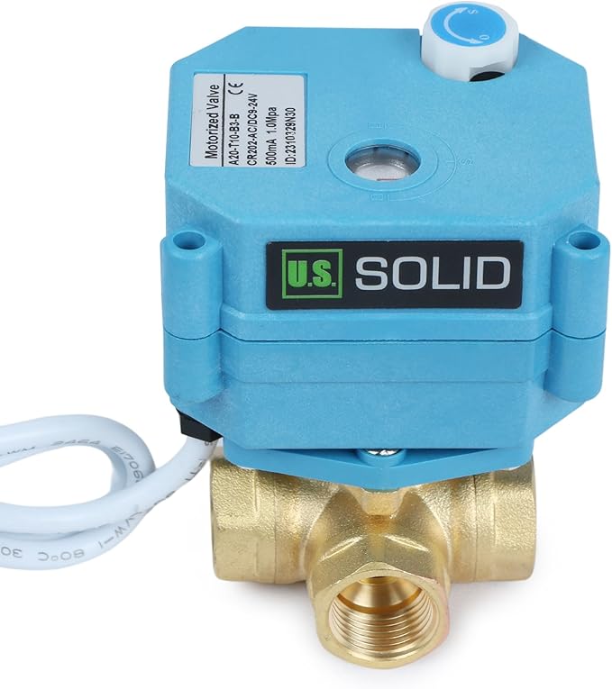 U.S. Solid 3/8" 3 Way Brass Motorized Ball Valve L Type AC/DC9-24V, Water Shutoff Valve with Manual Function, Standard Port, NOT for Drinking Water
