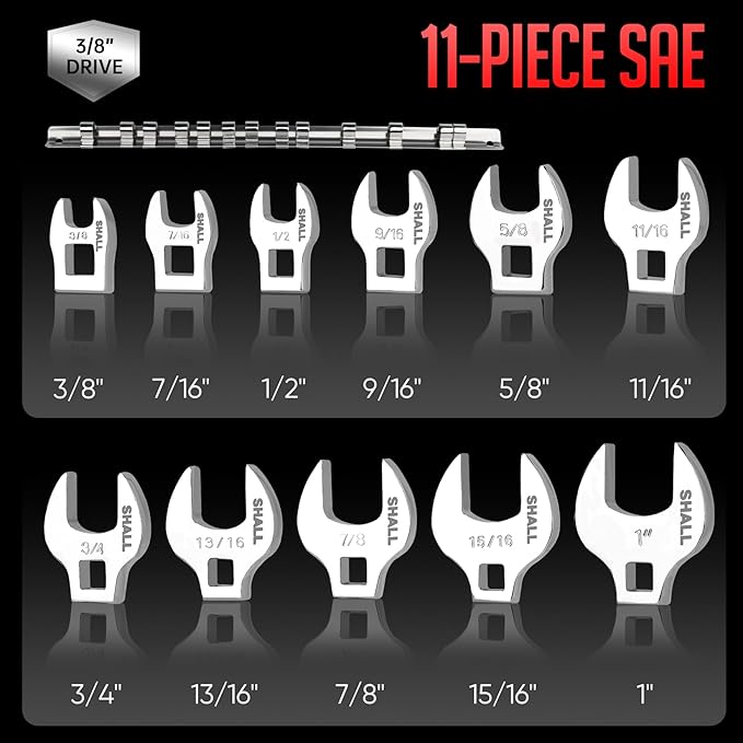 SHALL 3/8" Crows Foot Wrench Set, 11-Piece SAE Crowfoot Wrench Set with Clip-on Organizer, 3/8"-1", Tools for Mechanics, Access Fasteners in Tight Spaces
