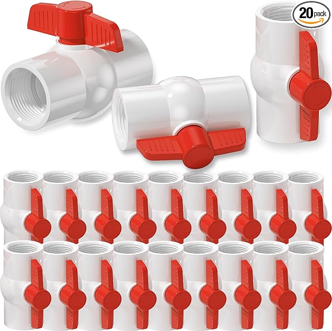 20PCS 1/2" PVC Ball Valves, 1/2" PVC Ball Valve Threaded (NPT), Red T-handle with Shut-Off Valves Socket for Water Project, Swimming Pool, Sprinkler Lines, Outdoor Plumbing & Irrigation System
