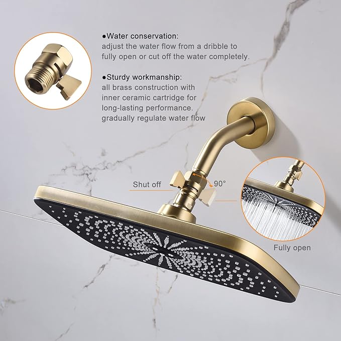 Brushed Gold Shower Head Shut Off Valve, 1/2" NPT Flow Control Valve, Brass Water Pressure Regulator