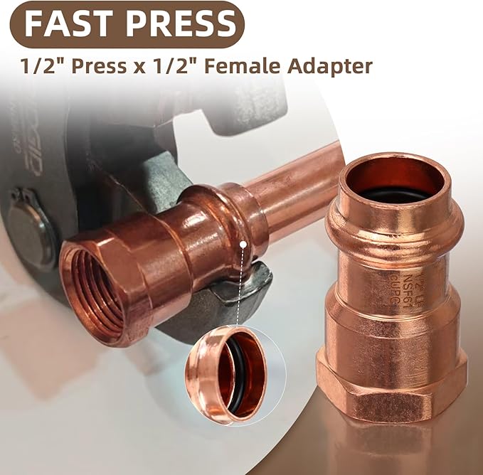 Copper Press Fittings,12PCS 1/2" Press x 1/2” Female NPT Copper Press Female Adapter,1/2” Female NPTxPress LF Coppers Press Adapter Pressure Coppers Fitting Female x Press Connection for Plumbing