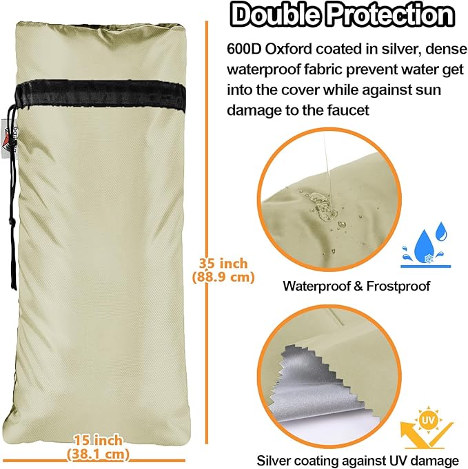 Extended Outdoor Faucet Cover for RV Park Water Hydrant Insulated, 3M Thinsulate Insulation Sprinkler Freeze Protector for Winter & Summer, 35”H x 15”W for Garden Lawn Faucets & Yard Hydrant - Sand