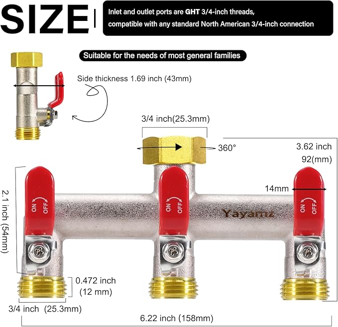 3 Way Garden Hose Splitter, Heavy Duty Brass Nickel Plated Rust Resistant Faucet Manifold, 3/4" Frost Resistant Outdoor Hose Adapter Connector，Hose Spigot Adapter with 3 large red handles