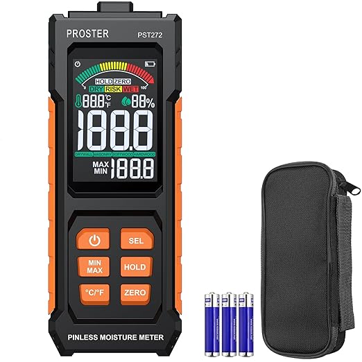 Proster Pinless Moisture Meter with Alarm - Non-Destructive Wood Moisture Tester for Walls, Flooring, Lumber | 20mm Depth, VA Color Screen, Acoustic Alert, 4 Modes (Drywall, Mortar, Hard/Softwood)