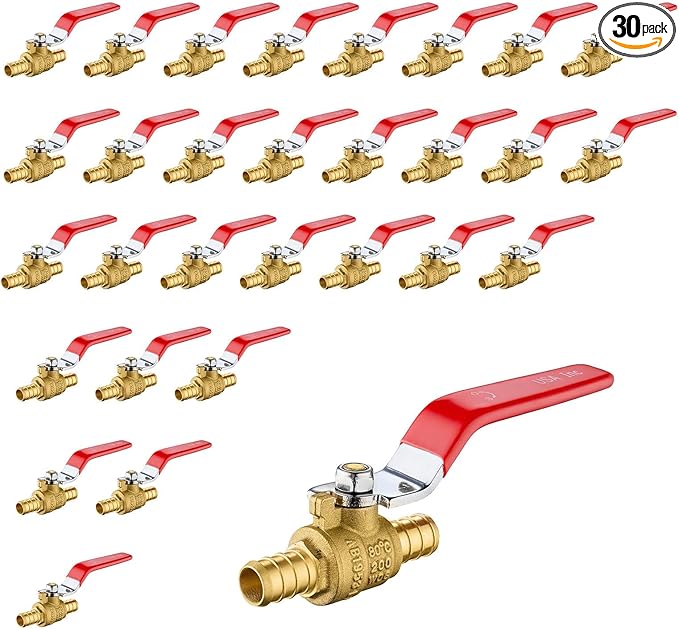 30 Pack Ball Valves, 1/2" Pex Crimp Shut Off Valve Red, Brass Full Port Pex B Shut Off Ball Valve for Hot and Cold Water, NSF/ANSI 61 Certified