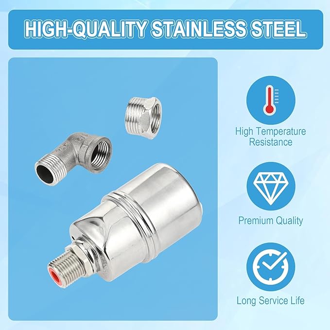 Float Ball Valve with Support, 1/2" 3/4'' 1''Auto Shut Off Ball Mini Float Valve, 304 Stainless Steel Fully Automatic Water Level Control Float Valve for Water Trough, Tank and Livestock(1 Pack)