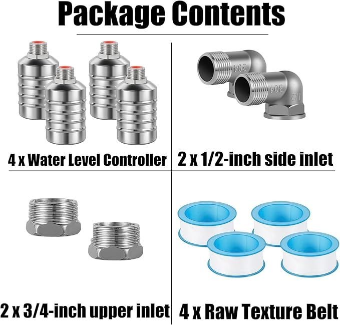 4pcs 304 Stainless Steel Automatic Water Float Valve 1/2" and 3/4" Connection Types Precise Control Water Level Controller Water Level Control Float Valve for Sink for Water Tank Livestock Troughs