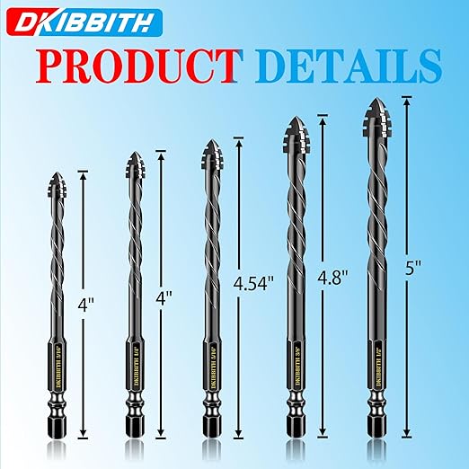 DKIBBITH 4-Flute Serrated Masonry Drill Bit Set 5-Piece Black- 3/16",1/4",5/16",3/8" to 1/2" for Concrete, Tile, Brick, Glass, Ceramic.