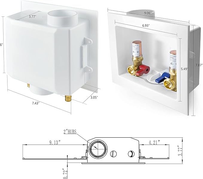 EFIELD Washing Machine Outlet Box, 1/2" Pex-A F1960 Expansion Connection x 3/4" MHT Connection, with Copper Water Hammer Arrestor, Center Drain with Brass 1/4 Turn Valves Installed,(WM013)