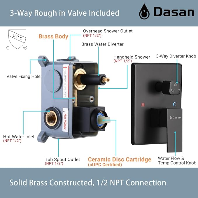 DASAN Tub Shower Faucets Sets Complete Matte Black Bathtub Shower System with Tub Spout, Bathtub Faucet Set Tub and Shower Faucet Combo Trim Kit with Rough-in Valve