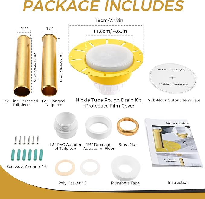 Freestanding Bathtub Drain Rough-in Kit, Bathtub Drain Kit with PVC Plastic Adapter and Brass Tail Pipes Compatible with All Freestanding Bathtubs, Floor Mounted Bathtub and Copper Bathtub