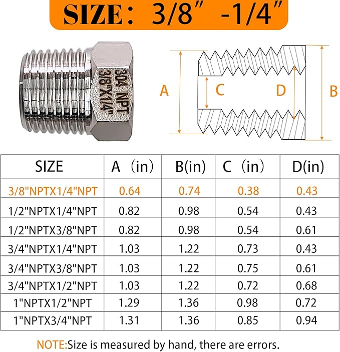 2 Pcs Stainless Steel Bushing 3/8" Male to 1/4" Female, 3/8" to 1/4" NPT Adapter Hex Stainless Steel Reducing Pipe Adapter Fitting Pipe Tube Adapter Convert