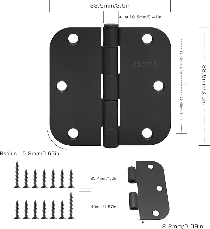 24 Pack Matte Black Door Hinges 3.5 Inch, 5/8" Radius Rounded, Standard Residential for Doors 3 ½",Sturdy Hinges, Interior Hinges