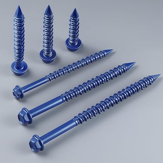 100Pcs 1/4 x 2-3/4 Inch Concrete Screws Anchor with Drill Bit, Blue Hex Head Masonry Brick Stucco Cement Block Screws, Diamond Point