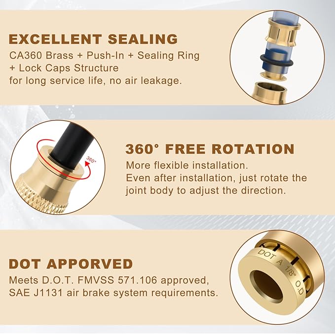 1/8" Quick Push to Connect Fittings Brass Union Straight Joint DOT Approved 1/8 inch tube OD Air Line Adapter Air Spring Suspension Kit for Car Truck Trailers and Air Brake System 5pcs