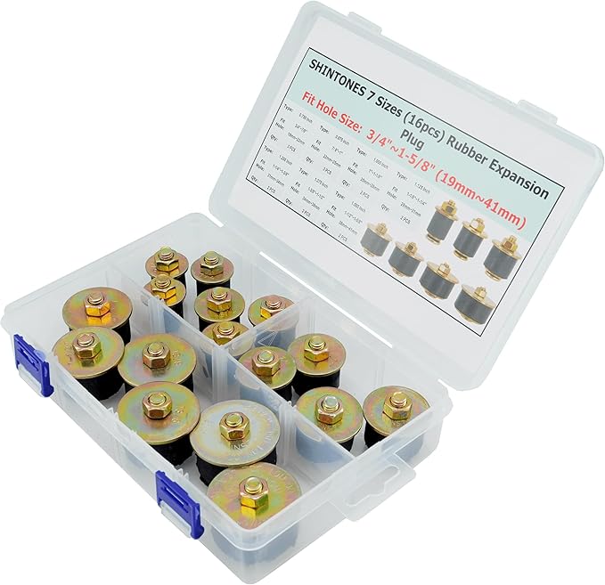 16pcs Automotive Rubber Expansion Plug, 7 Sizes Rubber Expandable Freeze Plugs Kit Fit Hole Size:3/4" 7/8" 1" 1-1/8" 1-1/4" 1-3/8" 1-1/2" (19mm~41mm)