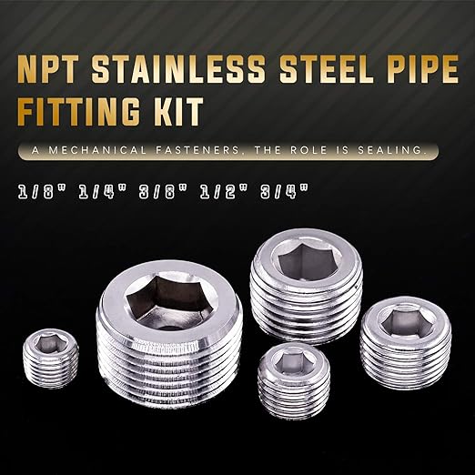 Swpeet 18Pcs 5 Sizes NPT Stainless Steel Pipe Fitting Assortment Kit, 1/8" 1/4" 3/8" 1/2" 3/4" NPT Plug Stainless Steel Internal Hex Thread Socket Pipe Plug Set for Use in Wet Environments