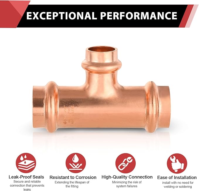 (Pack of 10) EFIELD 3/4" x 3/4" x 1/2" Copper Press Fit Tee For Copper Tube Connection, LBP Design, Heavy Copper Structure,(PRESS018)