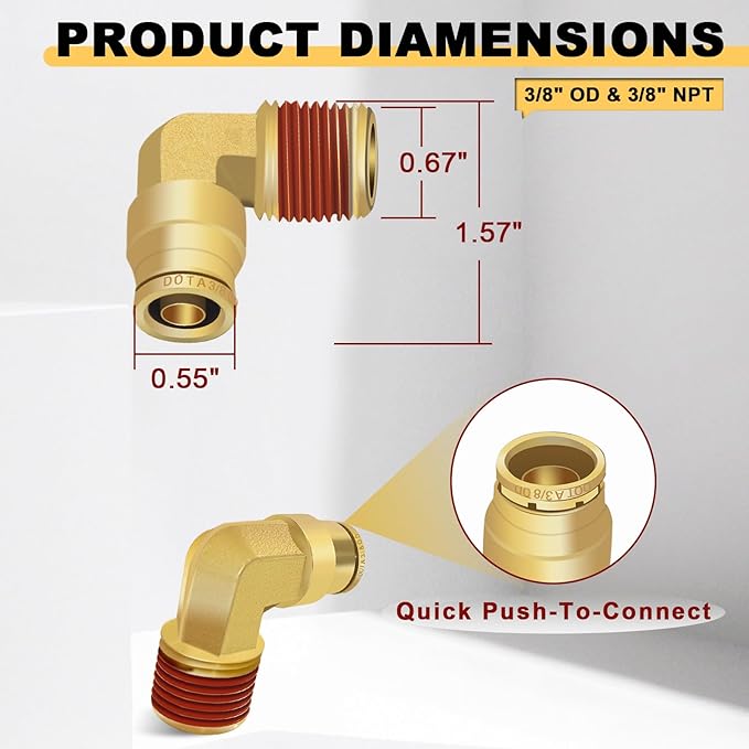 Siptenk 3/8" Elbow DOT Brass Push to Connect Air Line Fittings 5 PCS, 3/8" OD Tube x 3/8" NPT Thread Air Brake Line Quick Connect Fittings for Truck Trailers Industry Air System
