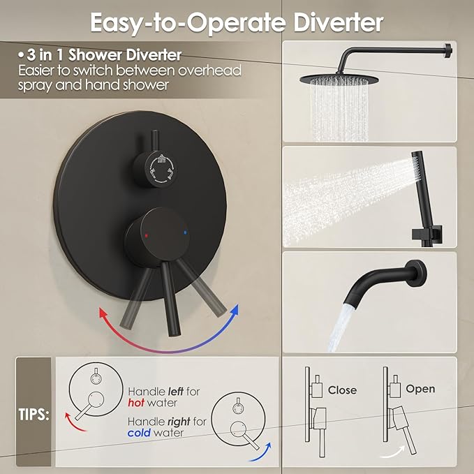 Gabrylly Black Shower System with Tub Spout, Bathtub Shower Faucets Set with 3-Way Shower Valve, High Pressure 10" Rain Shower head with Handheld Spray Combo, Wall Mounted Tub Shower Kit, Matte Black
