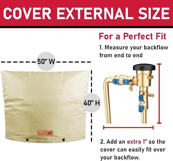 Redford Supply Co. Cold Snap (5°F) Backflow Preventer Insulation Cover, 50"W x 40"H, Pipe Insulation, Water Sprinkler Covers for Outside, Sprinkler Backflow Cover for Winter, Well Pump Bag (Beige)