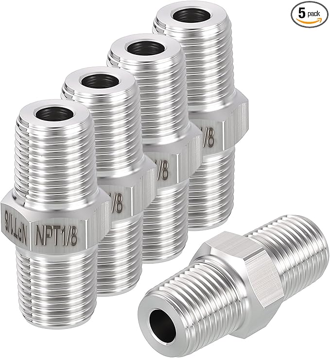 5 Pack 304 Stainless Steel Male to Male Adapter, 1/8" Male NPT x 1/8" Male NPT Hex Nipple Pipe Extension Fitting for Industrial, Automotive, Fluid Transfer, Home Gardening, Water