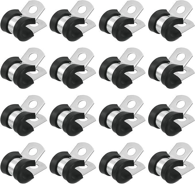 uxcell 5/16"(8mm) Cable Clamp, 304 Stainless Steel Rubber Cushioned Insulated Clamp R Shape Metal Clamp Tube Holder for Pipe Hose Wire Cord Installation 16Pcs