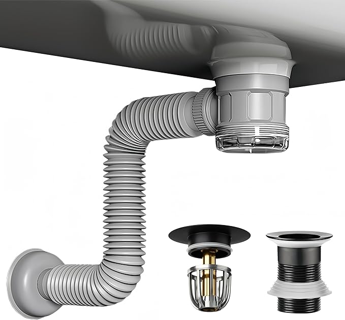 Bathroom Sink Drain Kit with Flexible Expandable Pipe: Odor-Free & Backflow-Preventing, Space-Saving Design without a P-trap, For 1-1/4'' & 1-1/2'' Drain Hole (Black, Without Overflow)