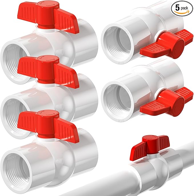 5PCS 1-1/2" PVC Ball Valve Threaded, PVC Water Pipe Valves with Easy Turn Red T-Handle, Shut Off Valves Socket for Swimming Pool, Sprinkler Lines,Sewage Pump, Outdoor Plumbing & Irrigation System