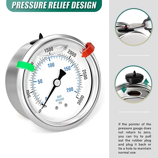 0-3000psi Stainless Steel Glycerin Liquid Filled Pressure Gauge 1/4" NPT 2.5" Face Dial Center Back Mount, for Water, Oil and Air Pressure Testing (with Range Mark Pointer)
